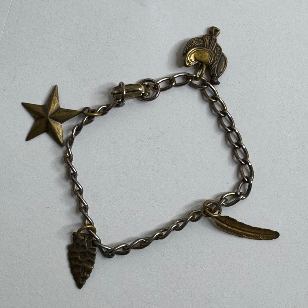 Vintage Western Charm Bracelet Star Arrowhead Feather Saddle Mixed Metal Tones